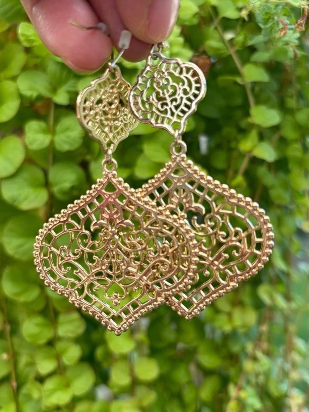 Earrings Gold Tone Filigree Drop Dangle 2 Tiers Hook Moroccan Style 2.75”